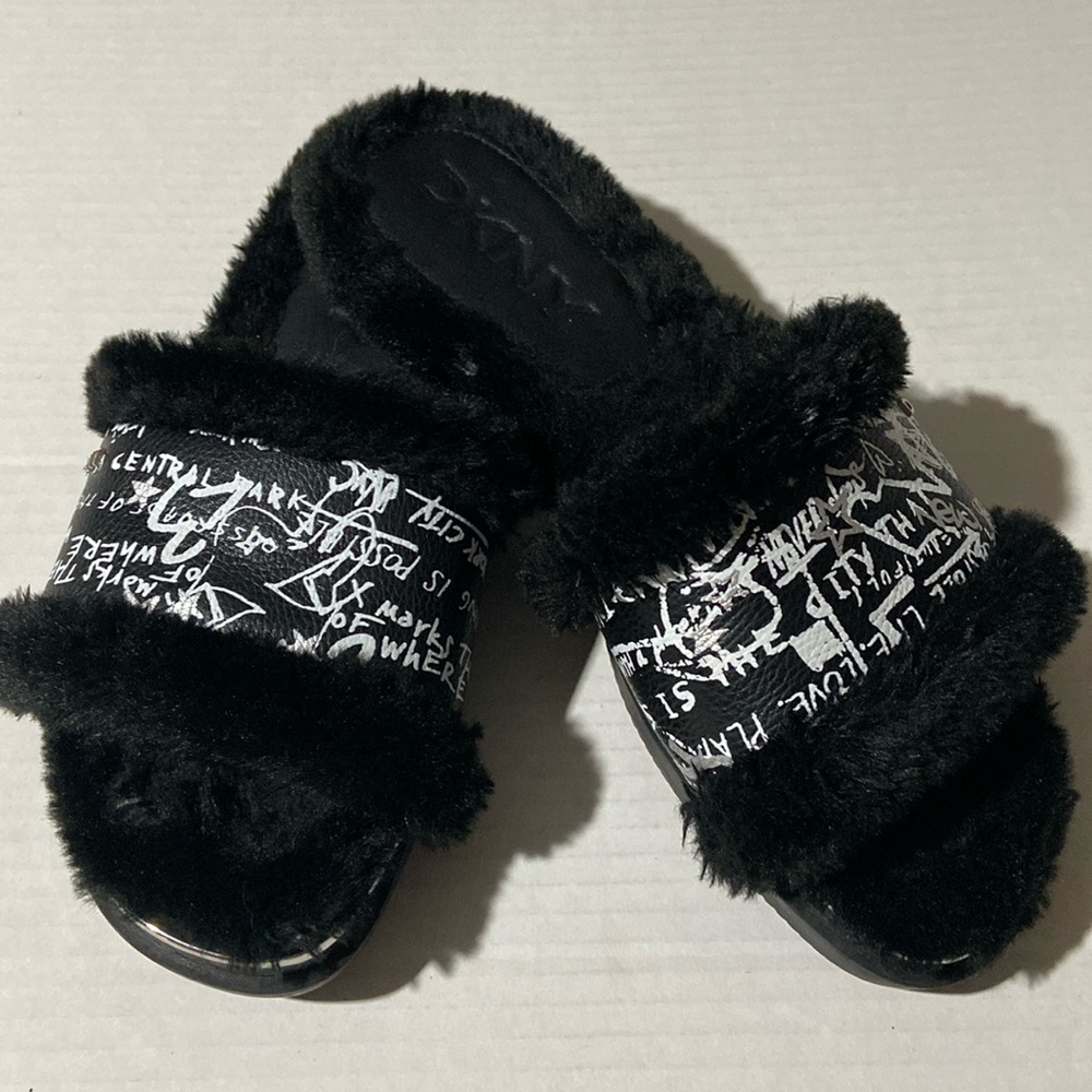 DKNY Fur Slides with Graffiti Graphics